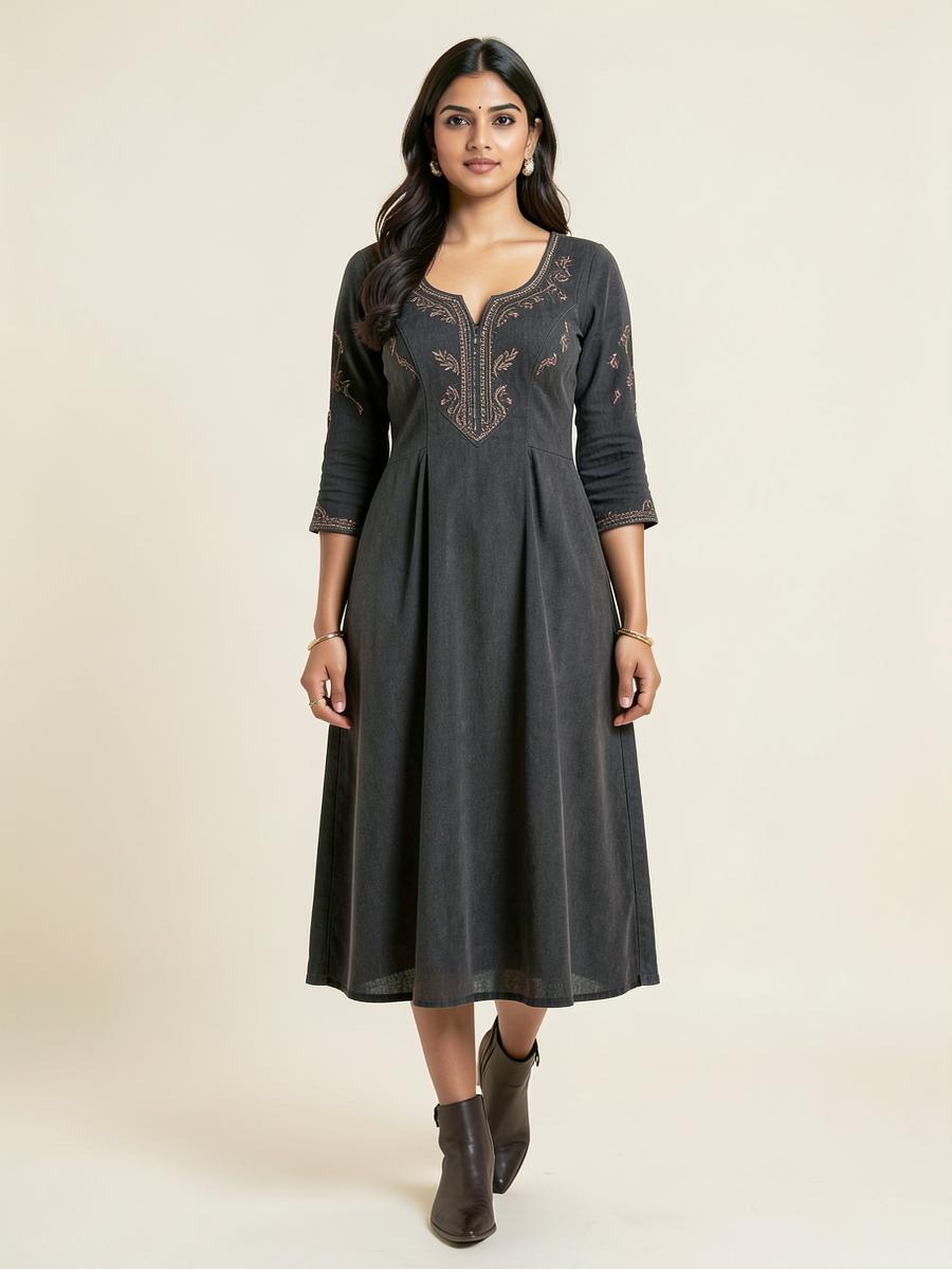 Charcoal A-Line Midi Dress