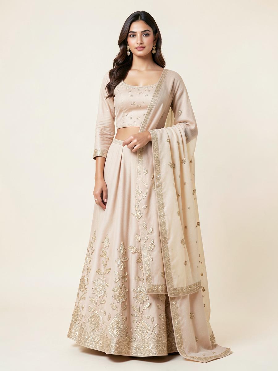 Beige Embroidered Lehenga Set